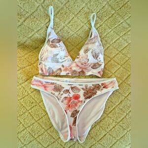 Aerie ballet pink floral binding longline triangle bikini top and bottom